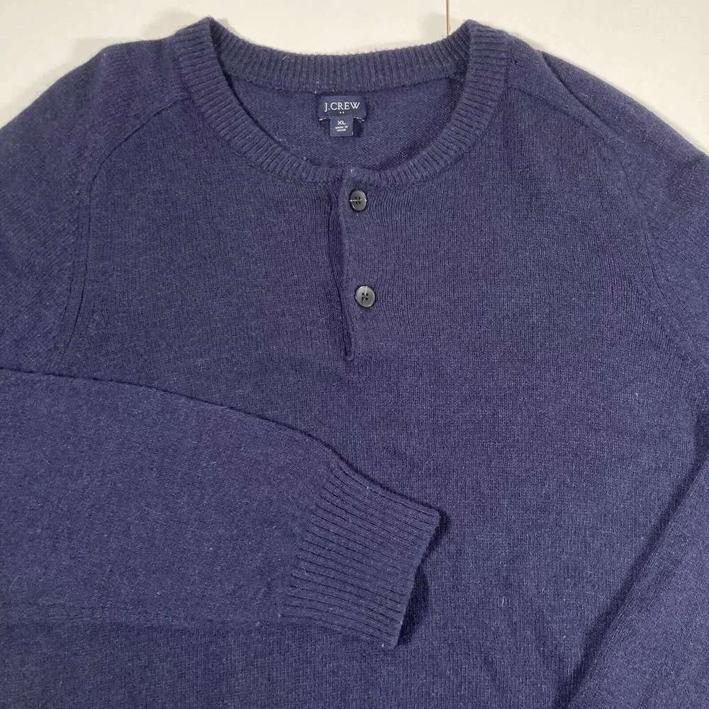 J Crew Henley Sweater XL Navy Blue Pullover Lambswool‎ Blend Crewneck Classic